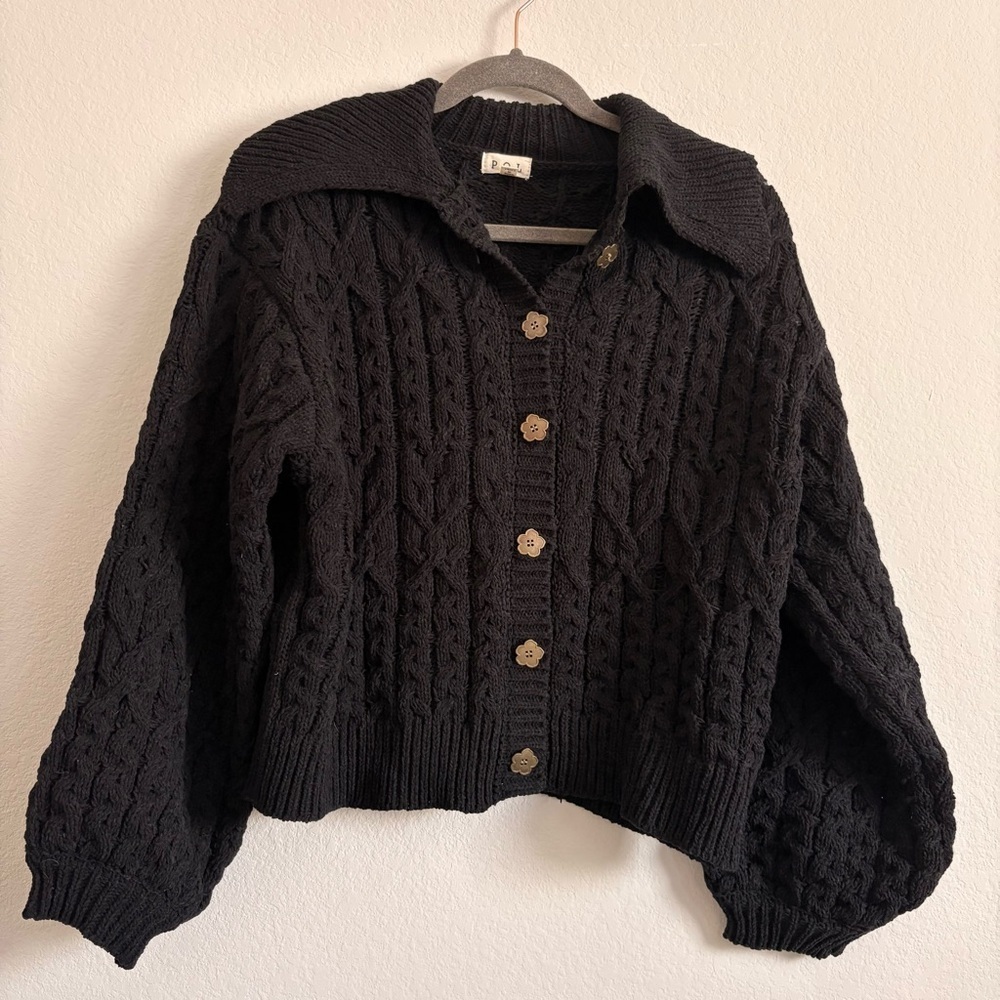 POL Women's Black Cable Knit Sweater with Flower Brass Buttons- size small